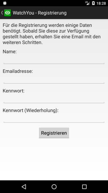 Screenshot von der WatchYou App - Registrierung