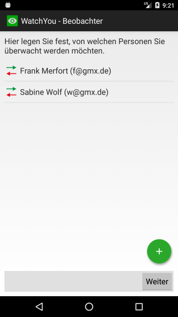Screenshot von der WatchYou App - Einrichtung der Beobachter